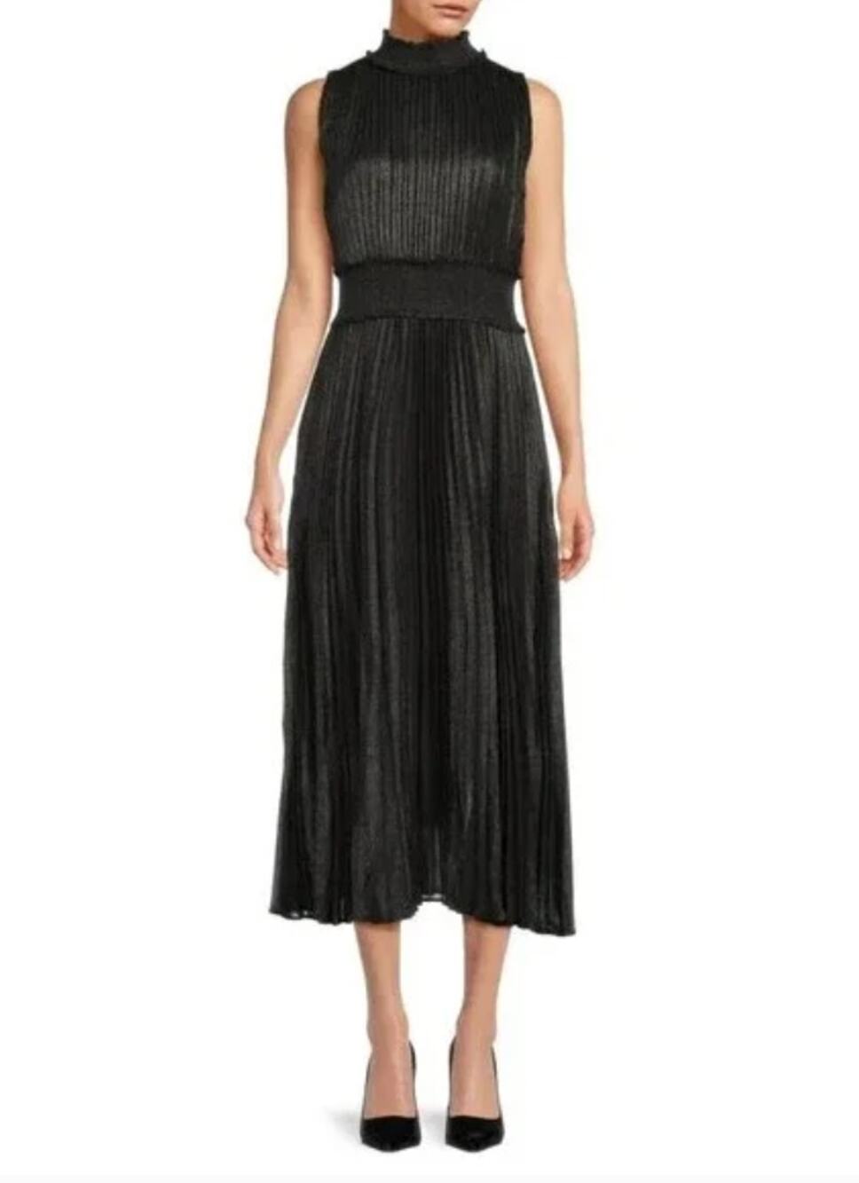 NANETTE LEPORE Black Gold Metallic Pleated High Neck Party Night Out Dress // 4
